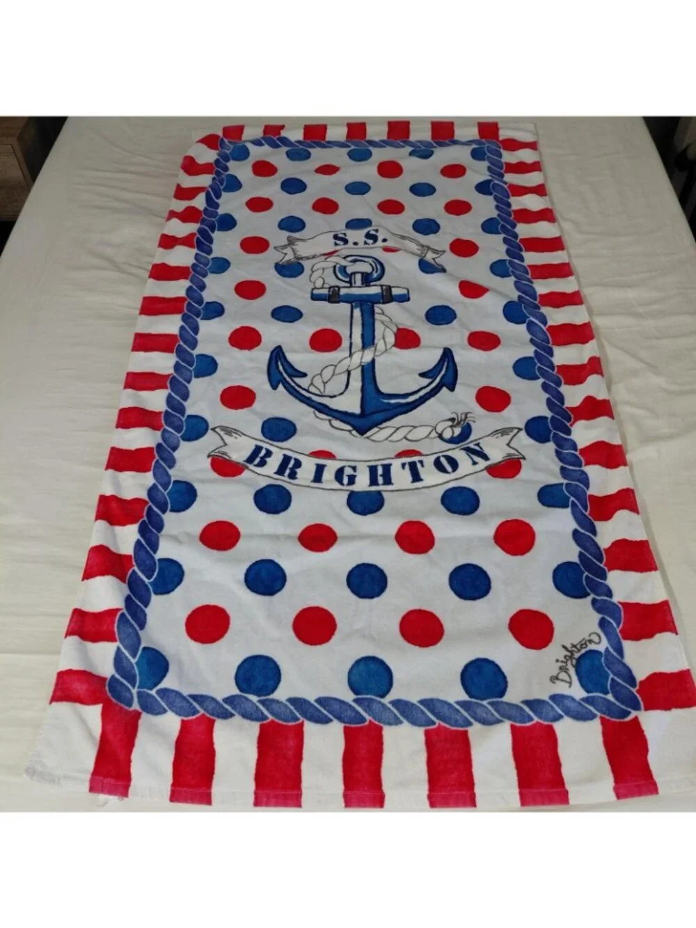 Brighton Beach Towel Anchor Nautical Polka Dot Print Cotton Red Blue 62.5x35